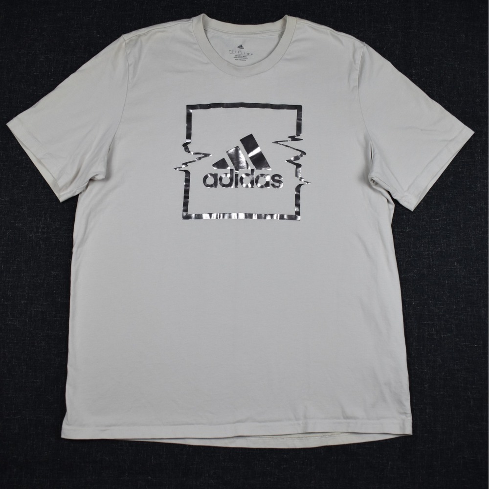 Adidas Graphic T-Shirt Mens L Light Beige Silver Metallic Foil Big Logo Athletic